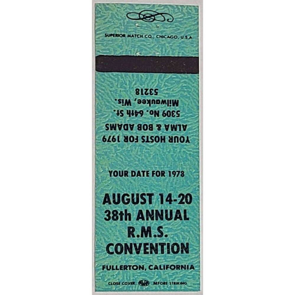 Vintage Matchbook Cover RMS 38th Annual Convention 1978 Fullerton CA Turquoise